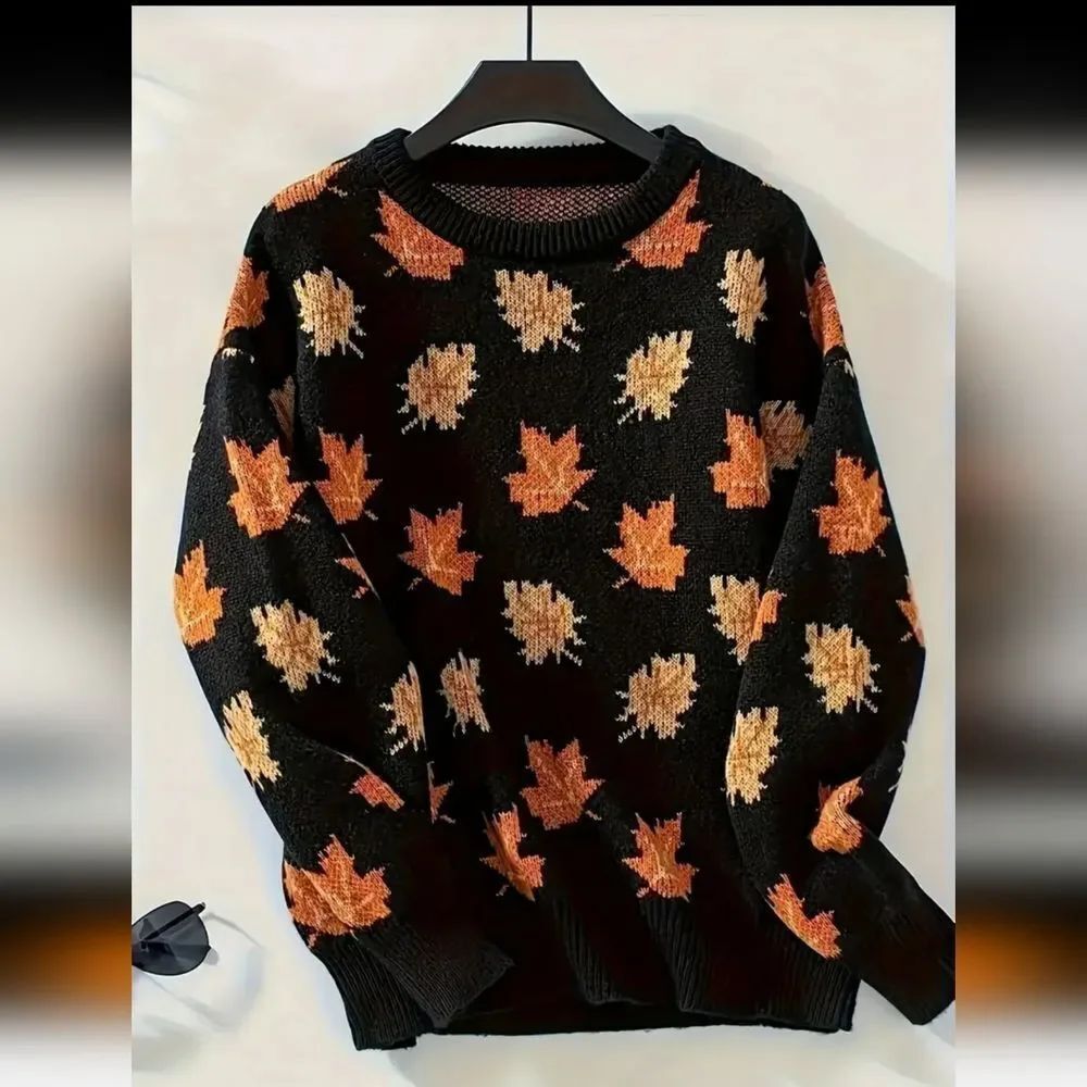 Oversized Autumn Leaves Design Pullover Knit Sweater Sz 20